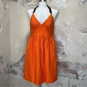 Milly size 8 mini orange halter dress, chunky amber toned chain, party wedding